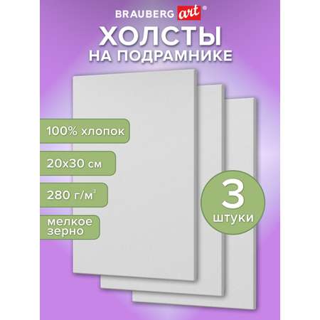 Холст для рисования Brauberg на подрамнике 20х30 см грунтованный 100% хлопок набор 3 штуки