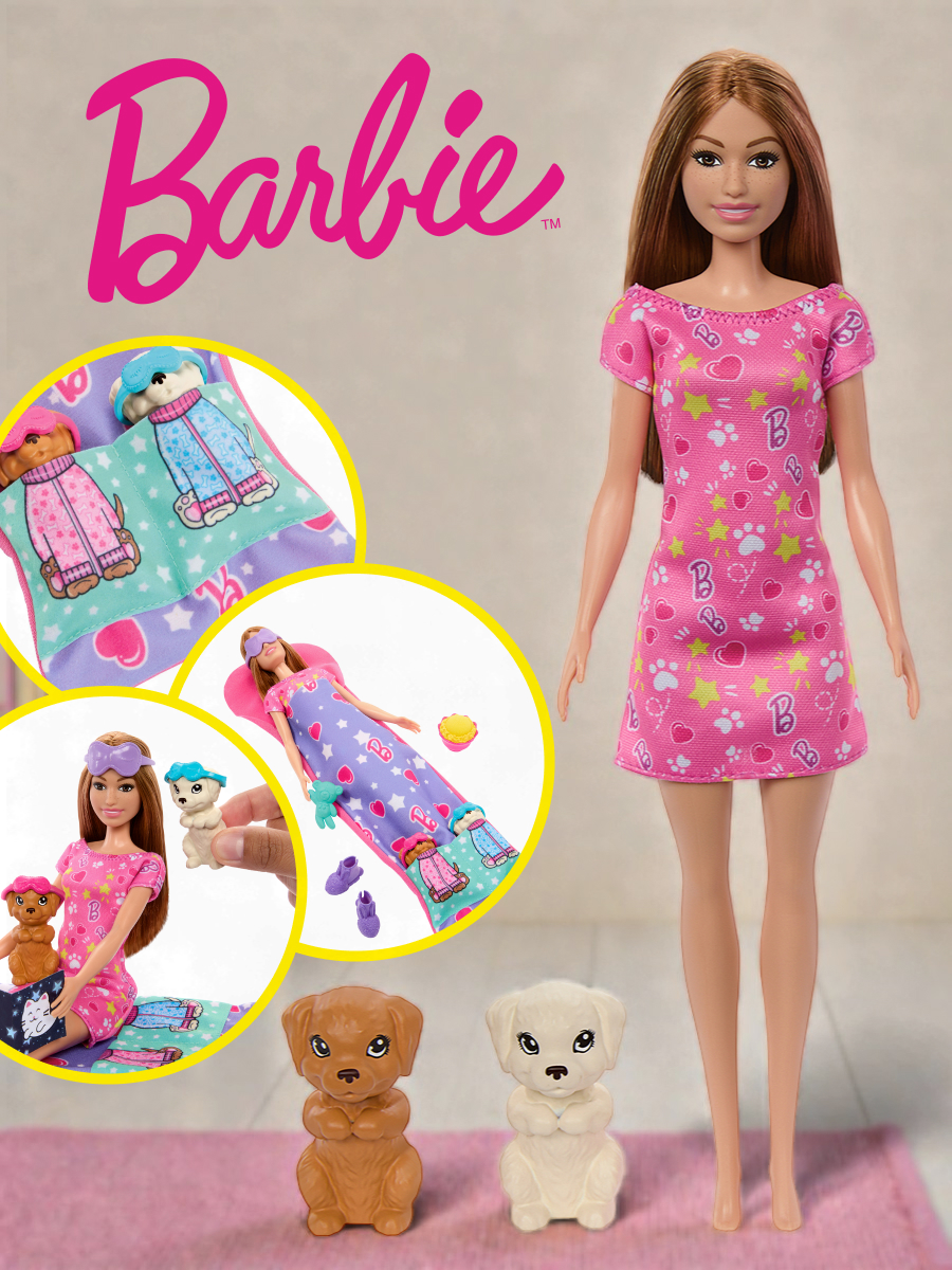 Кукла модельная Barbie Пижамная вечеринка С щенками высота 29 см HXN01 - фото 1