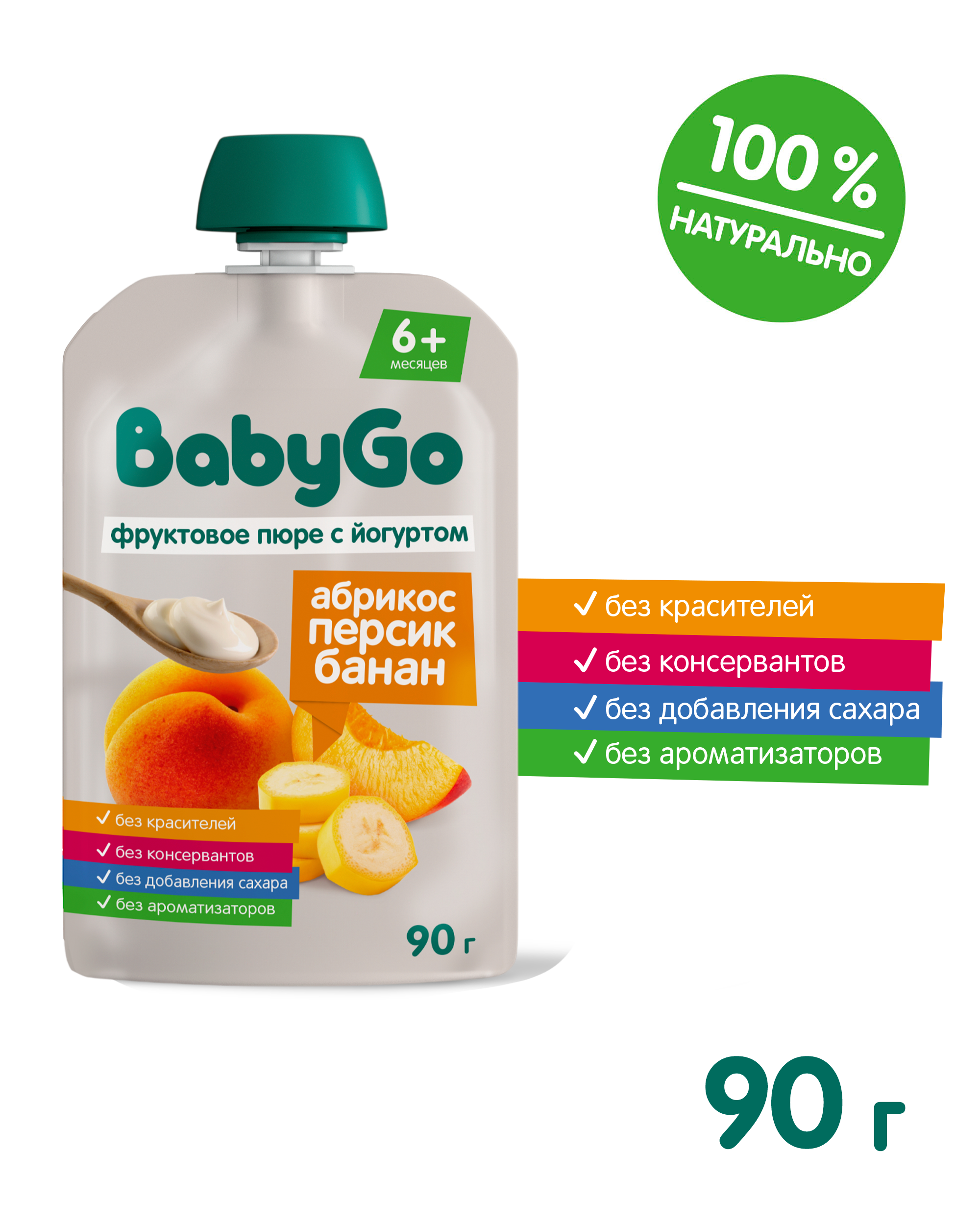 Пюре BabyGo с йогуртом банан абрикос персик с 6 мес 90 г - фото 2