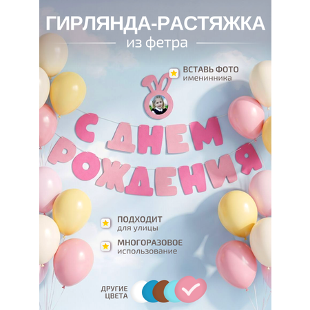 Гирлянда-растяжка Mimibabybook С Днем Рождения розовая фетр