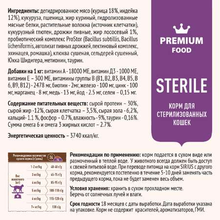 Корм для кошек SIRIUS стерилизованных индейка-курица 1.5кг