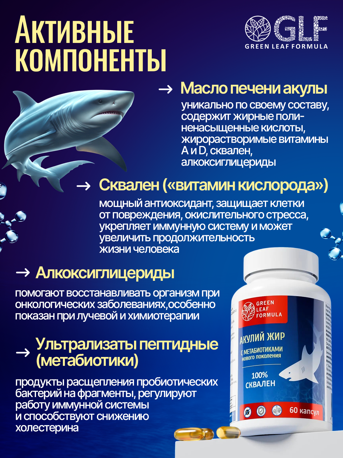 Масло печени акулы Green Leaf Formula сквален акулий с метабиотиками нового поколения для иммунитета 60 капсул - фото 4