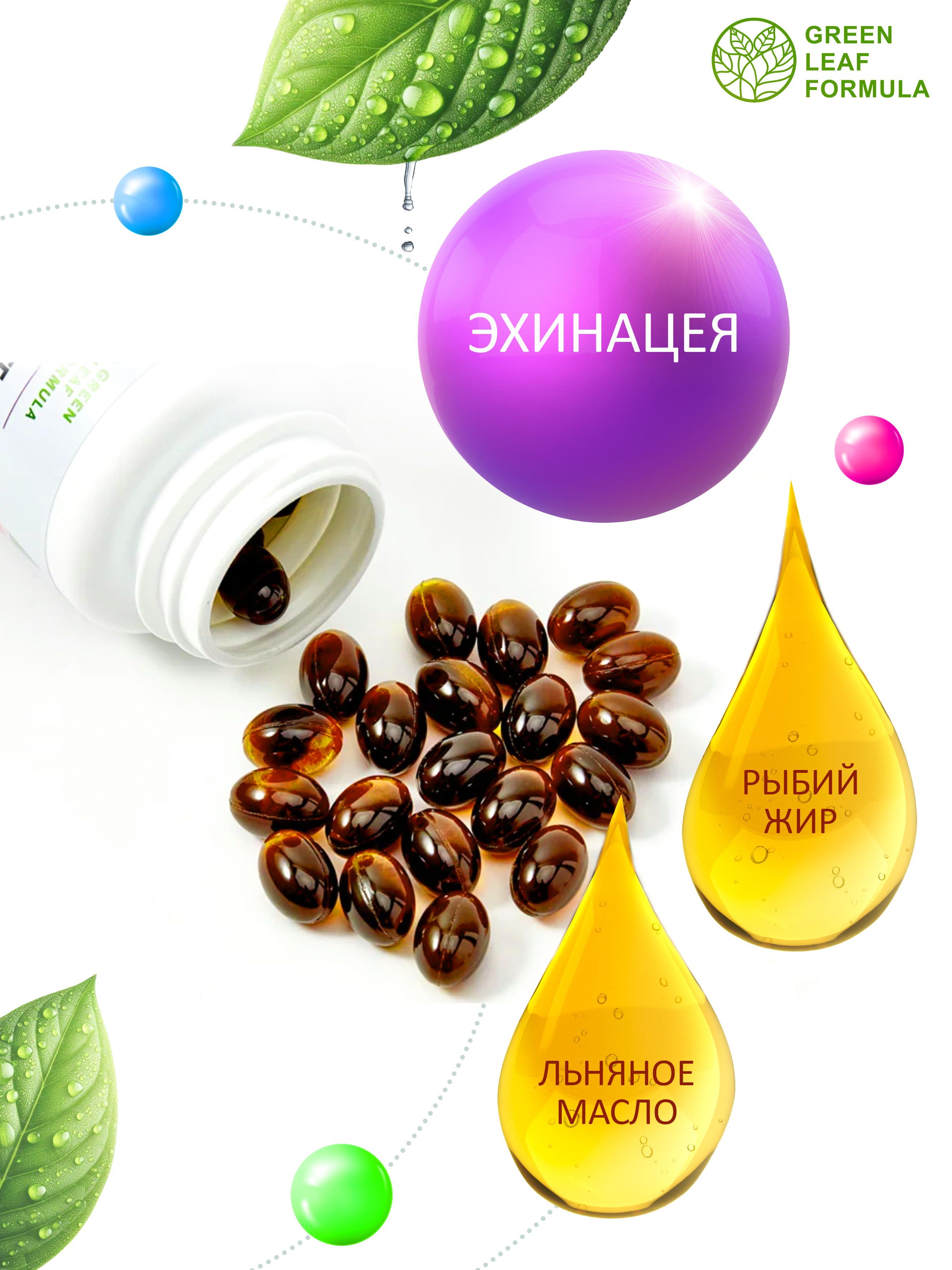 Эхинацея для иммунитета Green Leaf Formula от простуды и гриппа омега 3 790 мг 30 капсул - фото 4