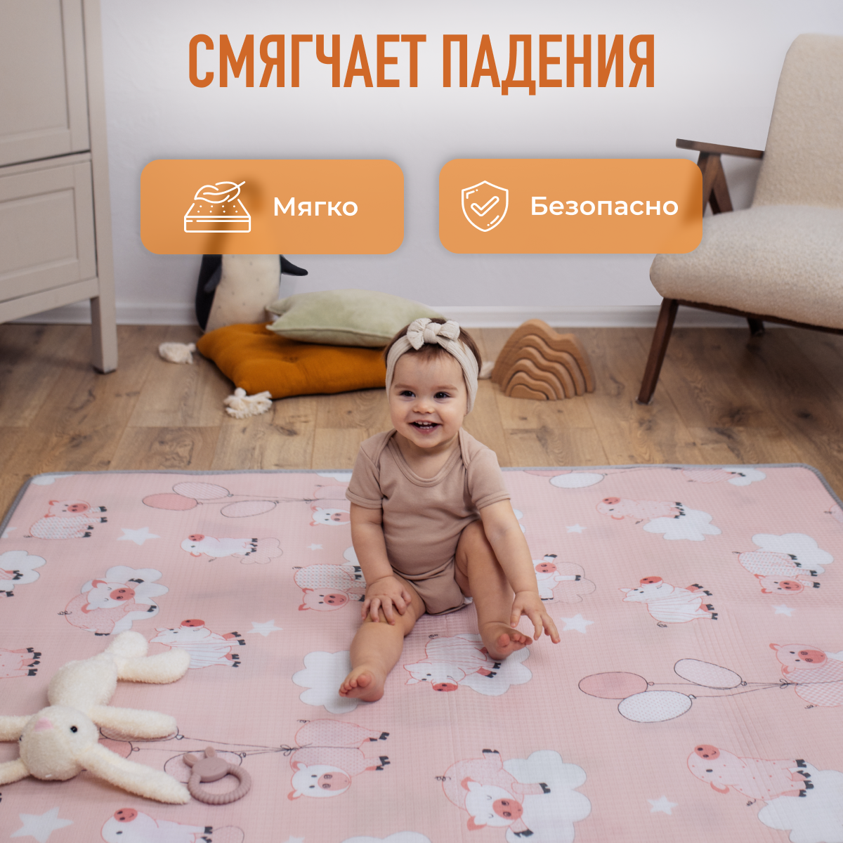 Развивающий коврик детский Mamagoods для ползания складной игровой 120x150 см Поросята и совушки - фото 7