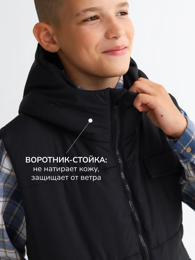 Жилет MINIDINO В-Ж-006Жилет с капюшоном утепленный черный - фото 6