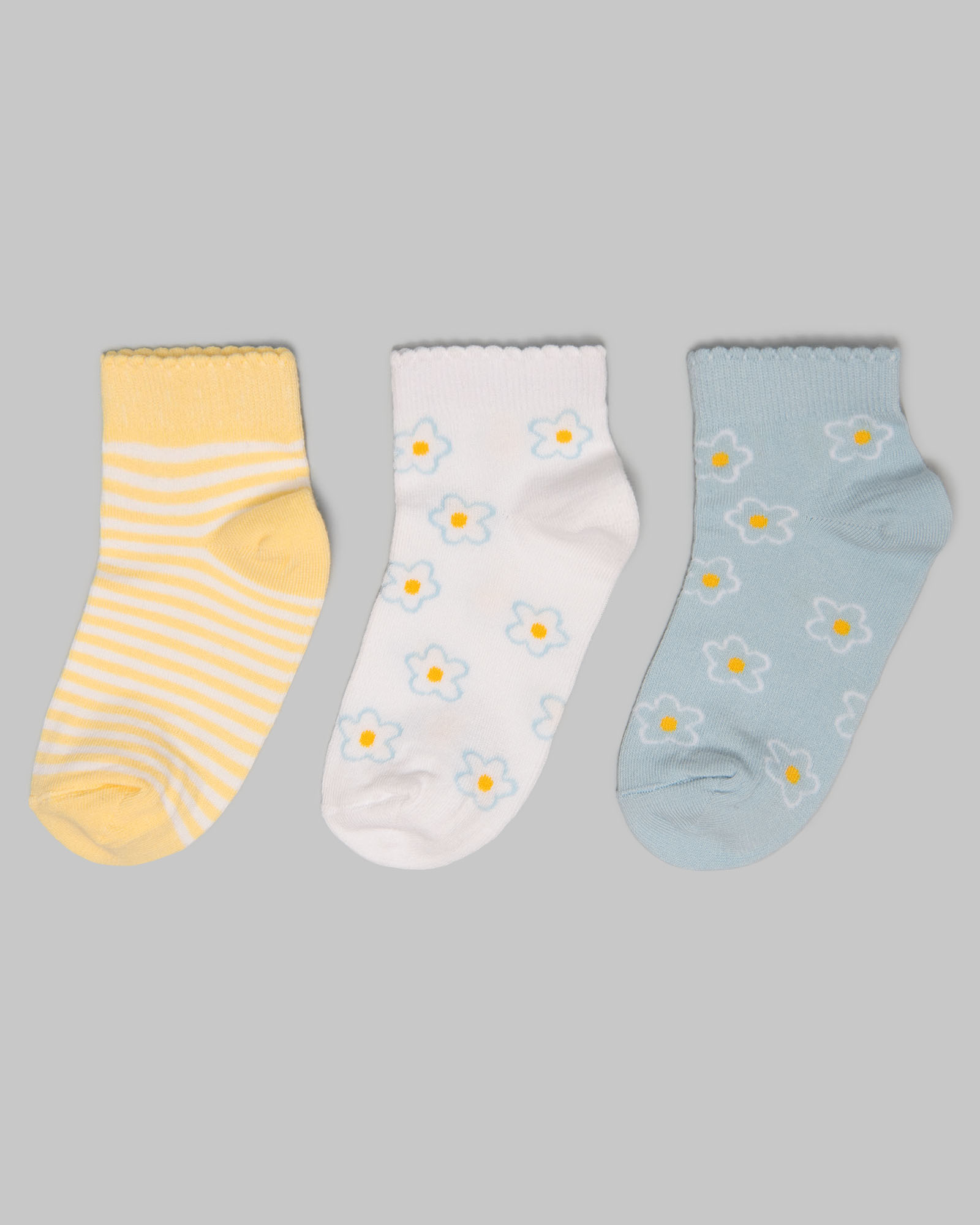 Изображение товара Носки для девочек Futurino 3 пары в цветах: желтая полоса, голубые, белые с цветочным принтом