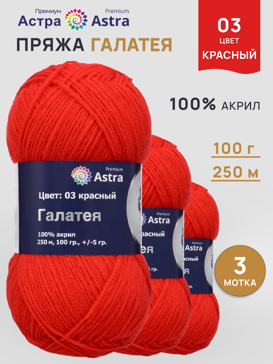 Пряжа Astra Premium Галатея акриловая 100 г 250 м 03 красный 3 мотка - фото 1