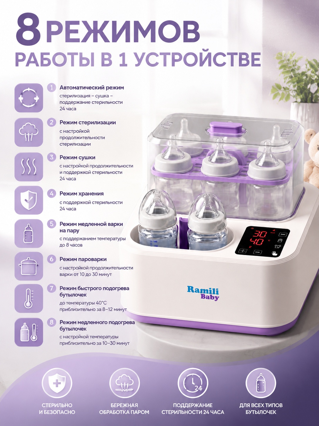 Стерилизатор, подогреватель Ramili для бутылочек и сосок с сушкой - фото 3