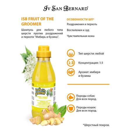 Шампунь для кошек и собак Iv San Bernard Fruit of the Groomer Ginger and Elderbery для любого типа шерсти против раздражений и перхоти 500мл