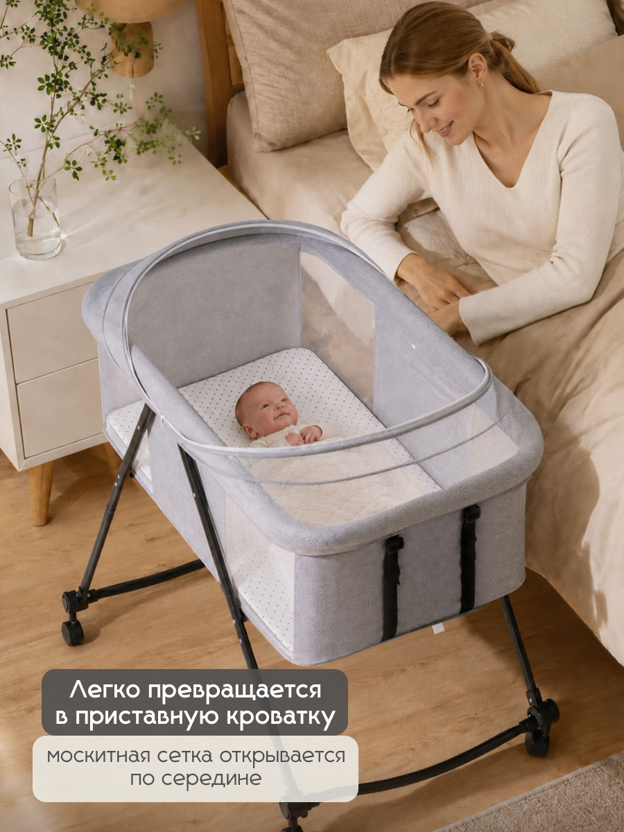 Детская кроватка CINLANKIDS складная, поперечный маятник (серый) - фото 5