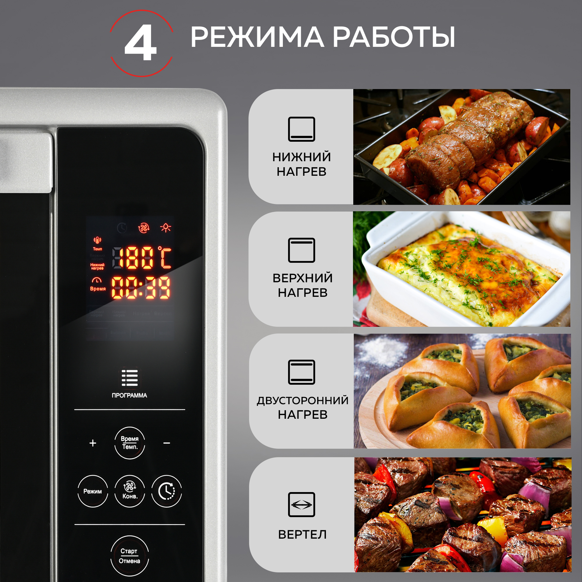 Мини-печь GFGRIL GFOO-6 духовой шкаф с электронным управлением 48 л цвет серебристый - фото 4