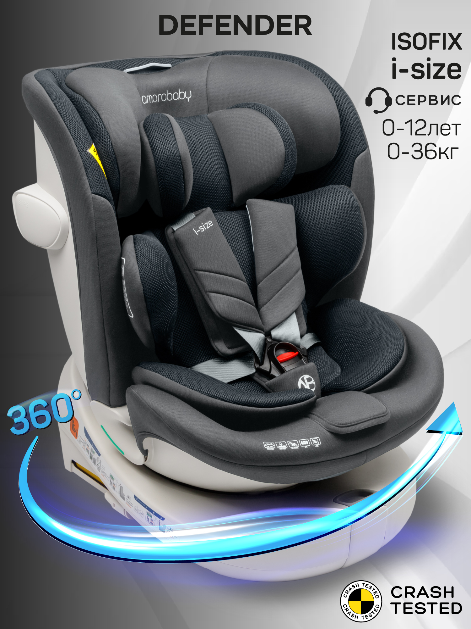 Автокресло Amarobaby Defender Isofix 0+/1/2/3 (0-36 кг) серый - фото 1
