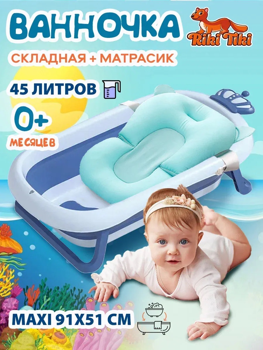Ванночка детская RIKI TIKI Little Prince голубая складная с термочувствительной пробкой - фото 1