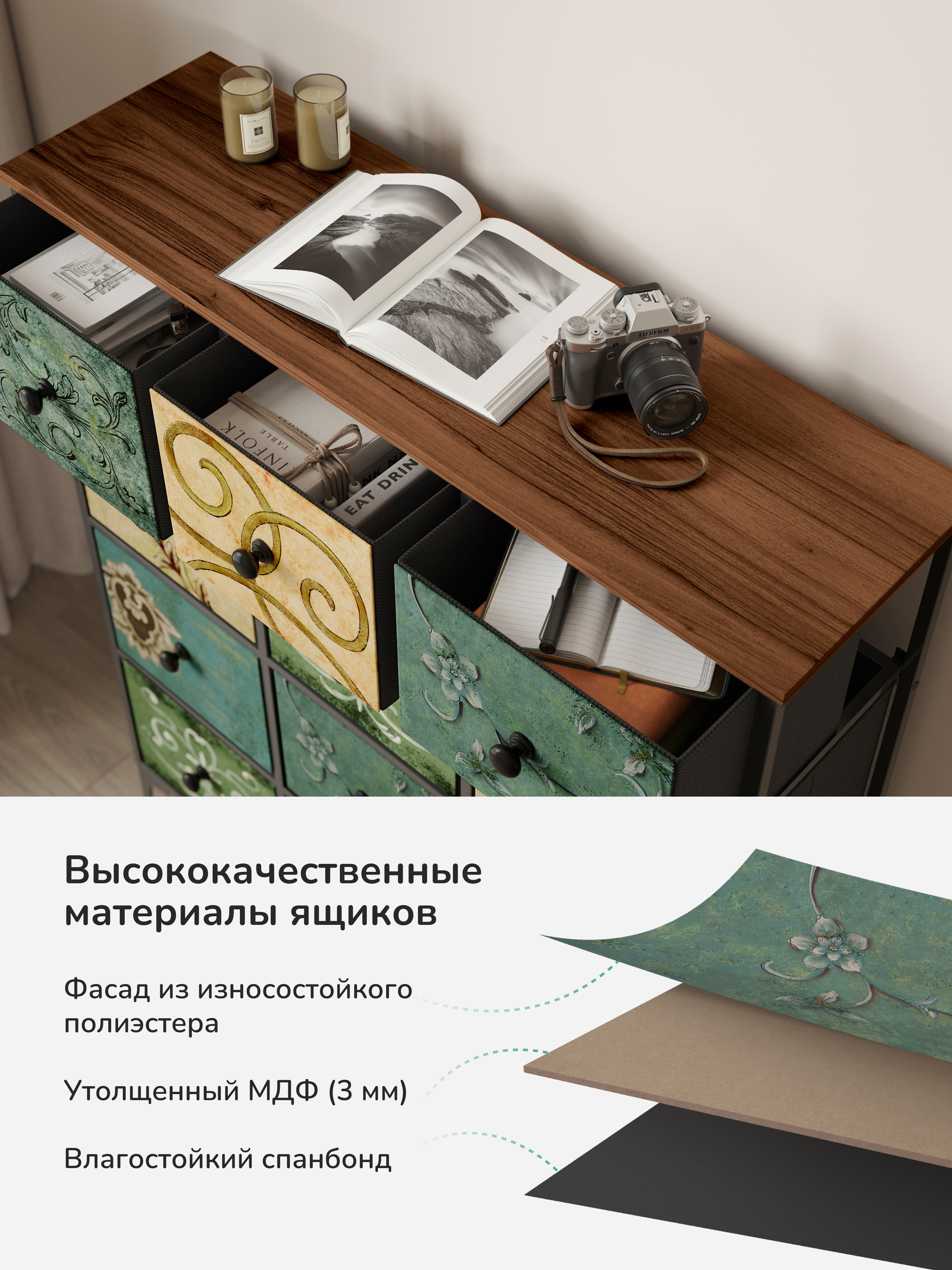 Комод Leset Лунет 12 ящиков Каркас Черный ящики Мульти зеленый - фото 3