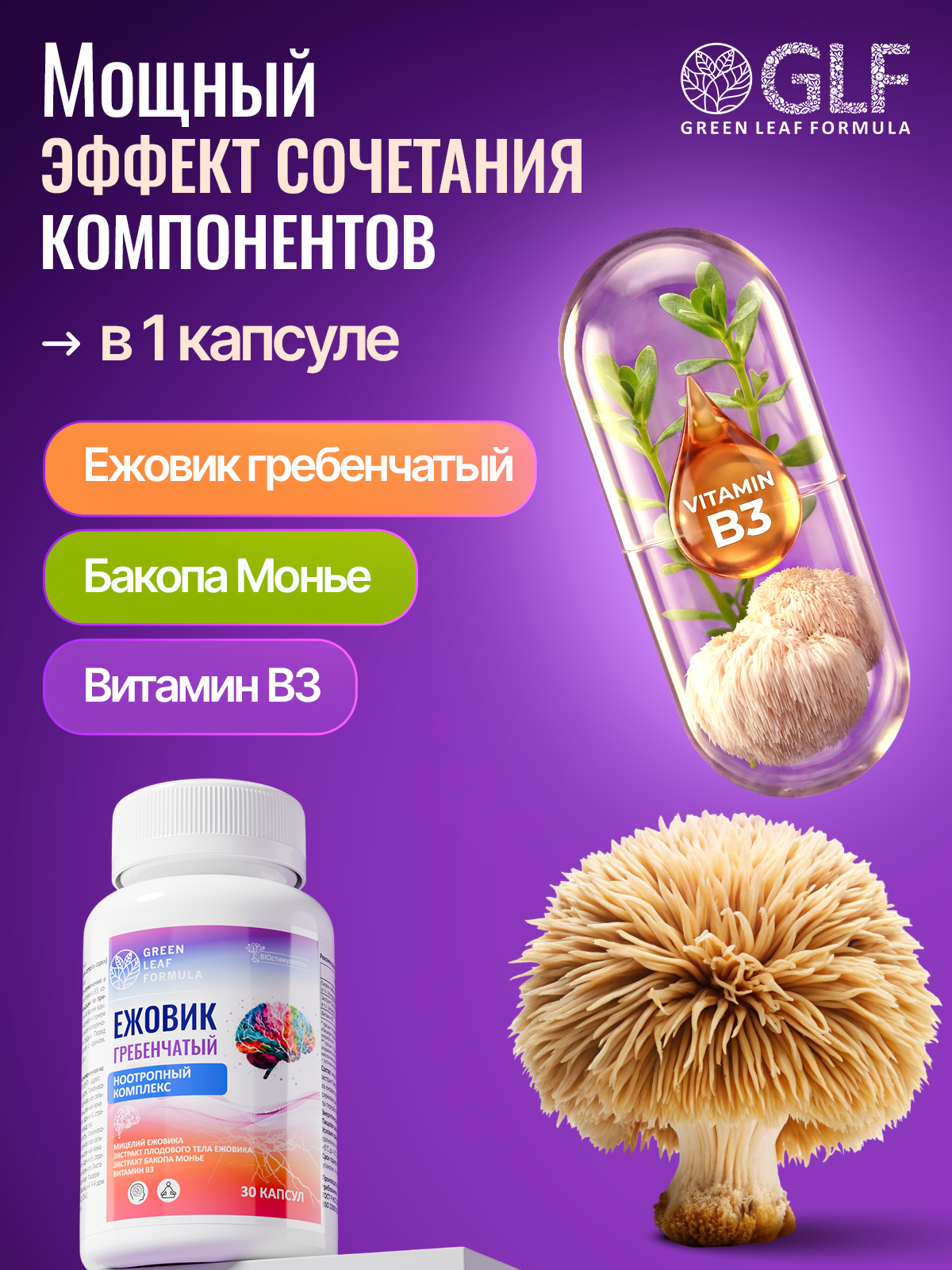 Ноотроп комплекс ежовик гребенчатый Green Leaf Formula витаминный комплекс для мозга памяти - фото 2