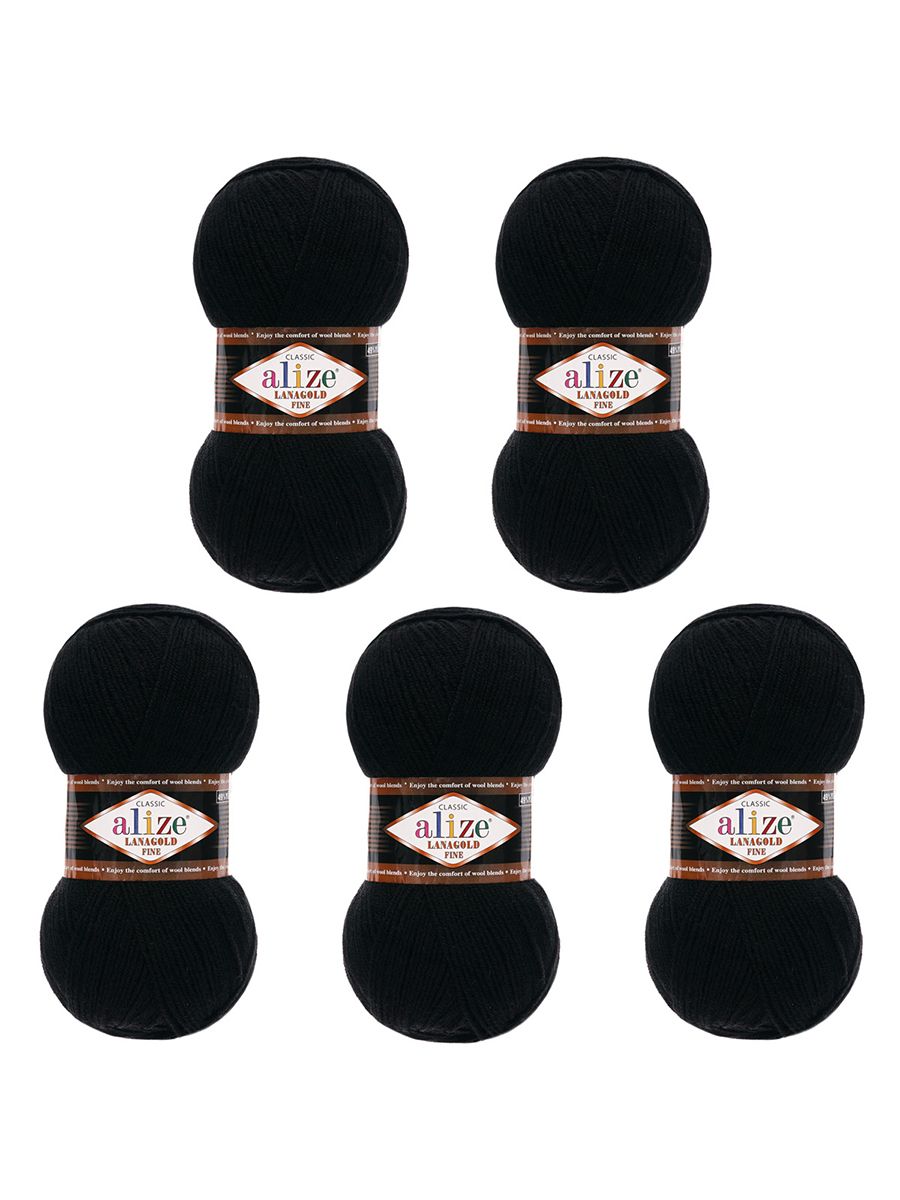 Пряжа Alize полушерстяная мягкая тонкая теплая Lanagold fine 100 гр 390 м 5 мотков 60 черный - фото 6