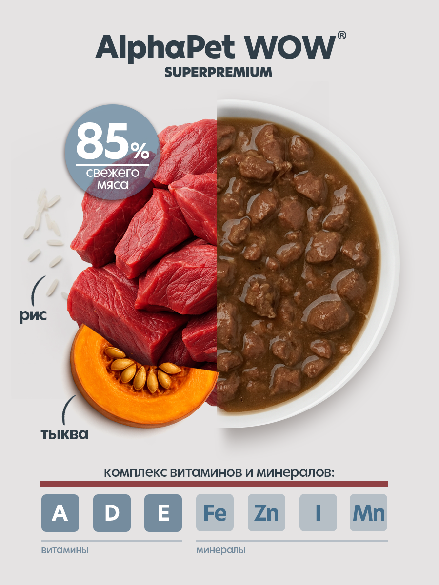 Пауч 28 шт Влажный полнорационный корм AlphaPet для собак с чувствительным пищеварением говядина и томленая тыква, 85 г - фото 5