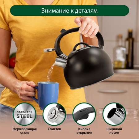 Чайник для плиты MARTA MT-3089 со свистком черный матовый
