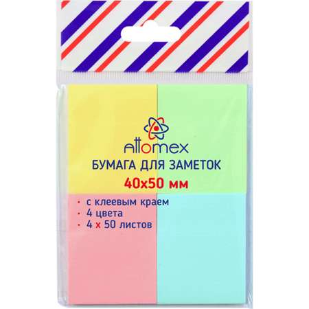 Клейкая бумага для заметок Attomex 50 листов, 4 пастельных цвета