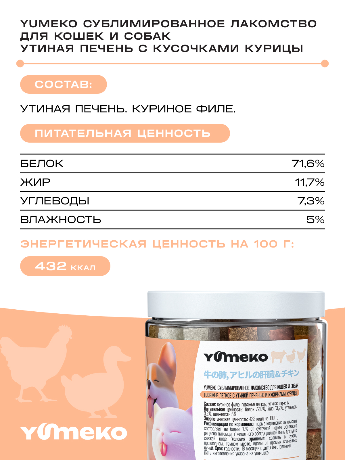 Натуральное лакомство для собак и кошек YUMEKO Кусочки утиной печени с курицей - фото 7