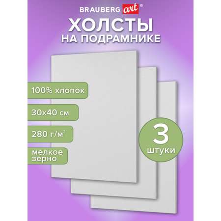 Холст для рисования Brauberg на подрамнике 30х40 см грунтованный 100% хлопок набор 3 штуки