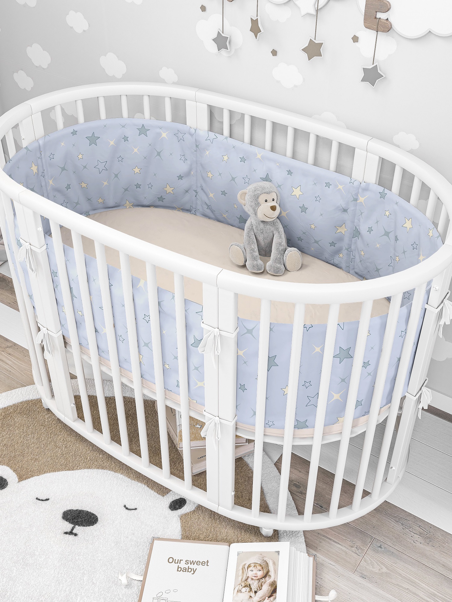 Бортики в кроватку Lemony kids Estrella 2 части по 180 см серый со звездами - фото 1