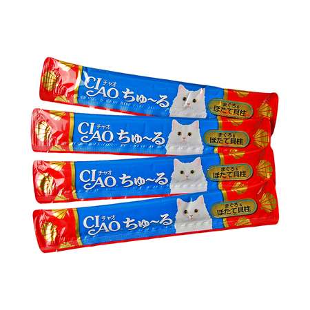 Лакомство для кошек INABA Ciao Churu тунец магуро с морским гребешком пюре 14г*4