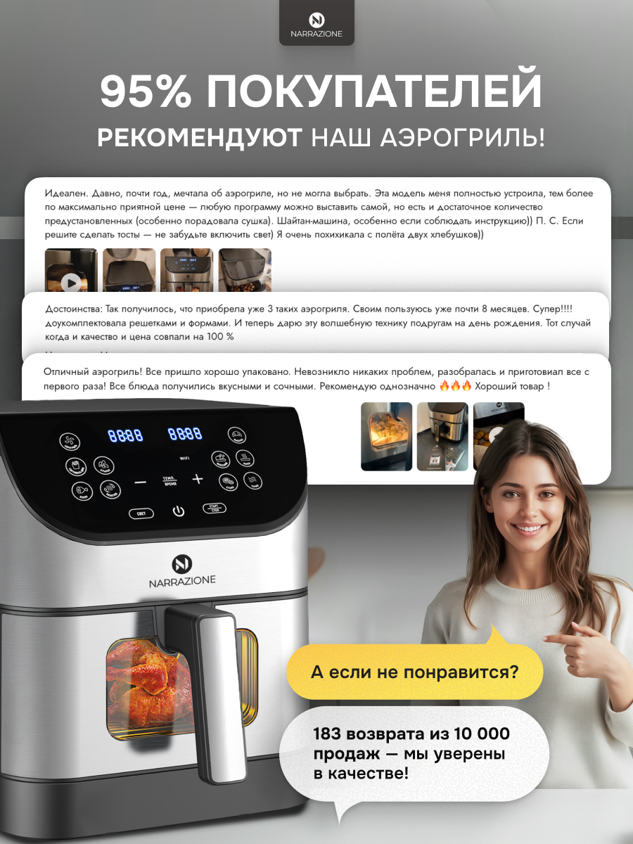 Аэрогриль 0 eight ERA-620D / 6л 1500вт 9 программ аэрофртюрница со стеклянной чашей и решеткой - фото 12