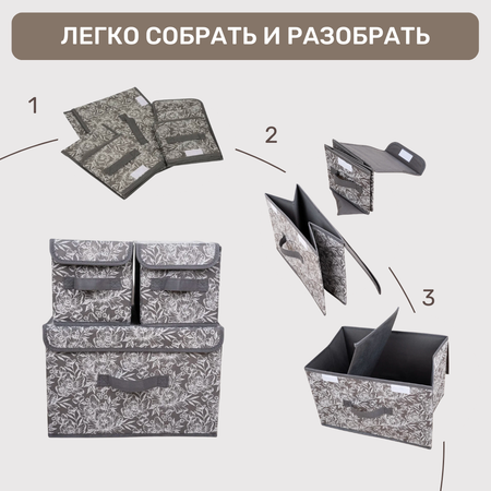 Набор коробов для хранения ЕВРОГАРАНТ серии Grey Flower 38х26х24.5 1 шт и 17х26х17.2 2 шт