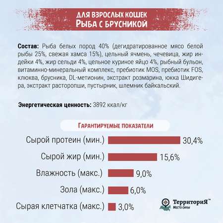 Корм для взрослых кошек Территория Таймыр 5кг рыба-брусника сухой