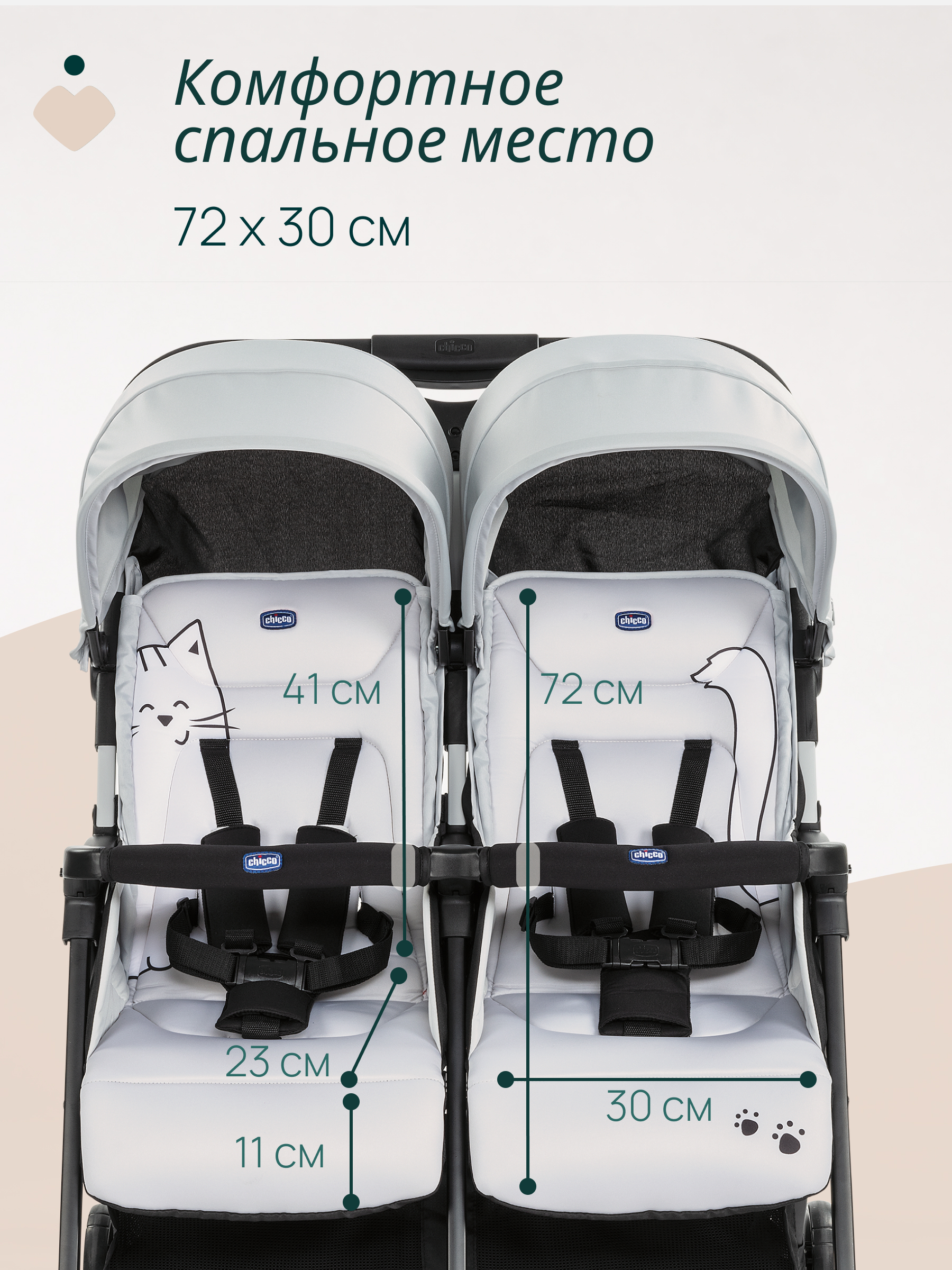 Коляска прогулочная для двойни Chicco Ohlala Twin Silver Cat серый - фото 7