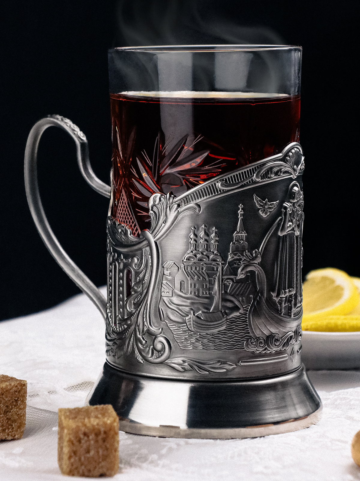 Подстаканник со стаканом Кольчугинский мельхиор Петр и Феврония никелированный с чернением - фото 3