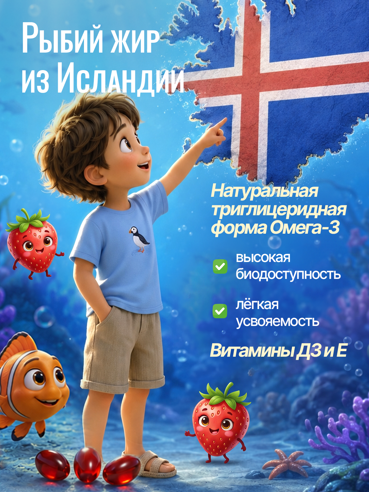 Омега 3 витамины для детей Green Leaf Formula рыбий жир с витамином D3 и Е со вкусом клубники 60 капсул - фото 3