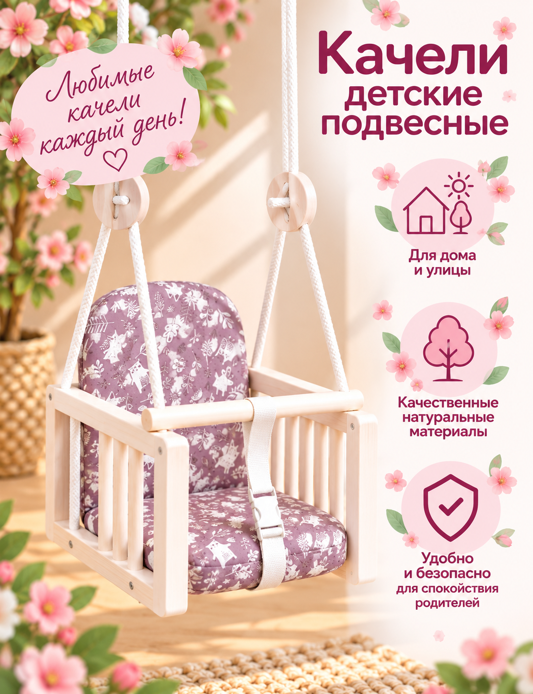 Качели детские подвесные Joy (розовый) - фото 1