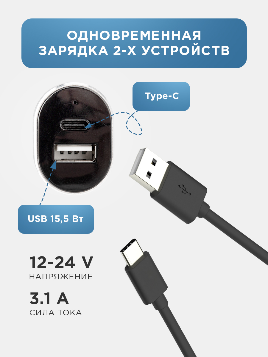 Автозарядка в прикуриватель REXANT USB-A + USB-C 3.1 A - фото 2