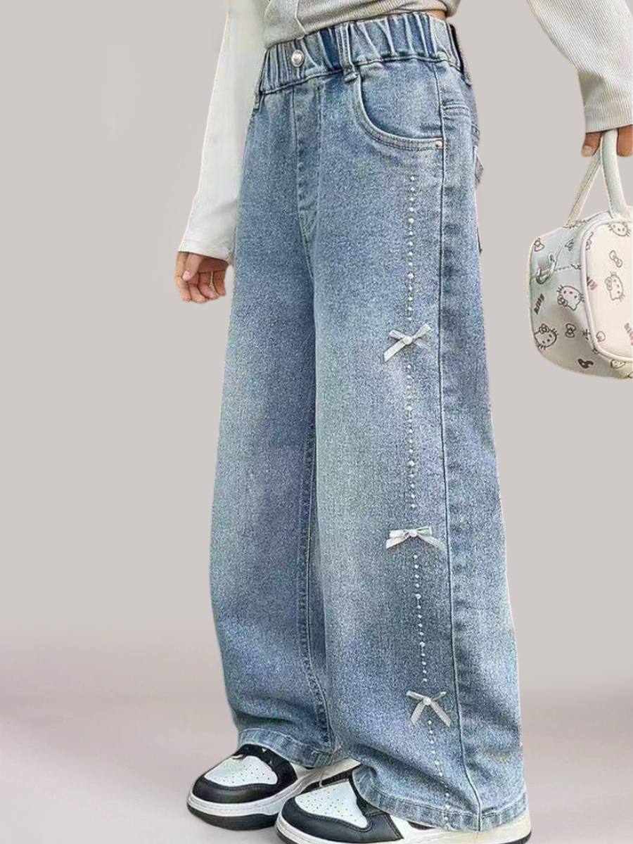 Джинсы iUkoworld Джинсы для девочки багги широкие на резинке - фото 2