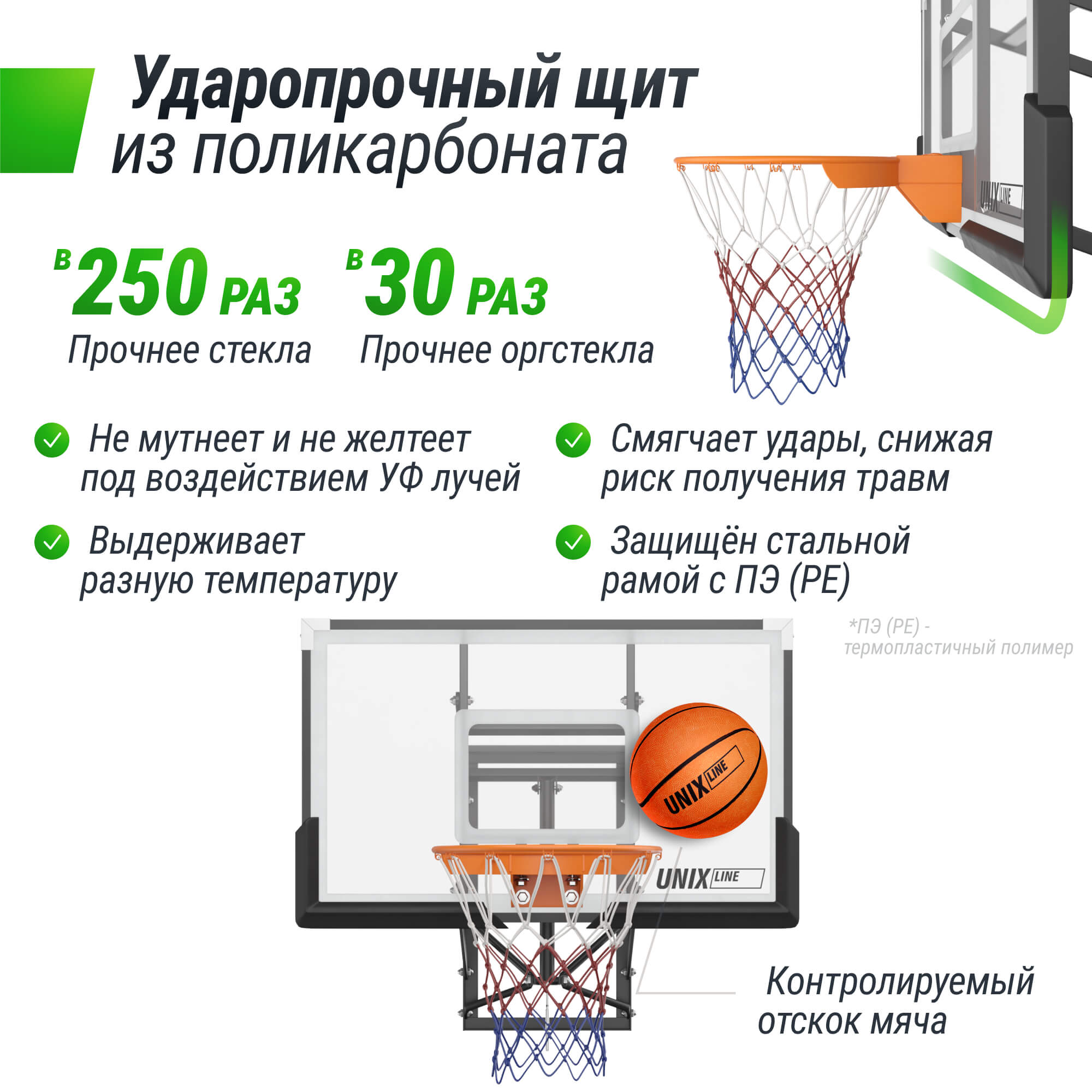 Баскетбольный щит UNIX line из поликарбоната в стальной раме B-Backboard-PC размер щита диаметр кольца R45 - фото 3