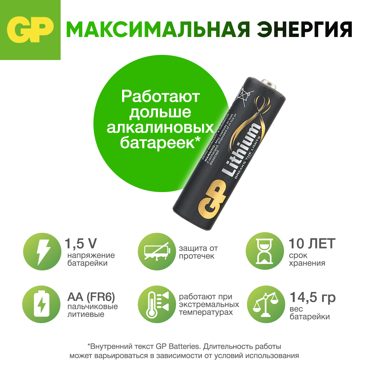 Набор литиевых батареек GP типоразмера AA(LR6) 15LF 2шт в упаковке - фото 2