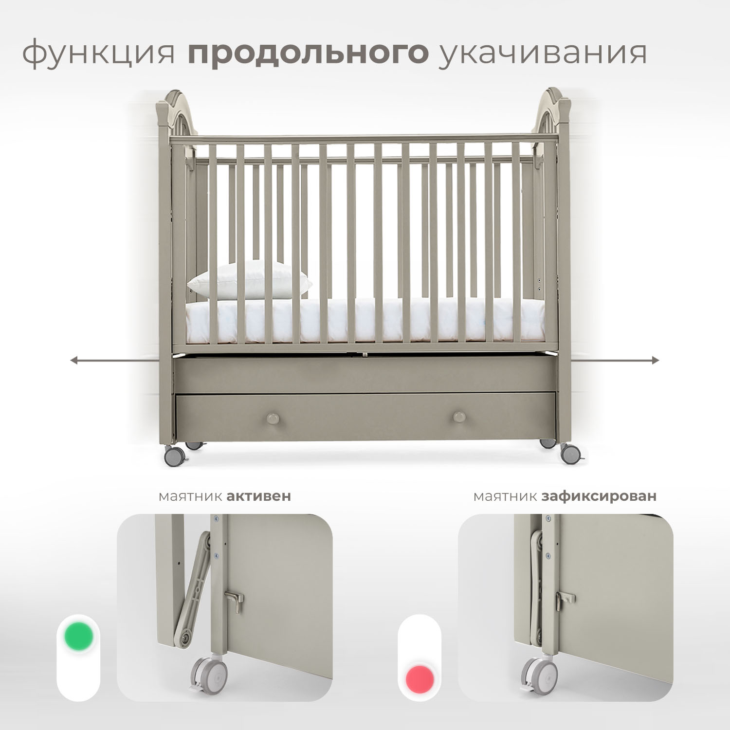 Детская кроватка Nuovita прямоугольная, продольный маятник (серый) - фото 4