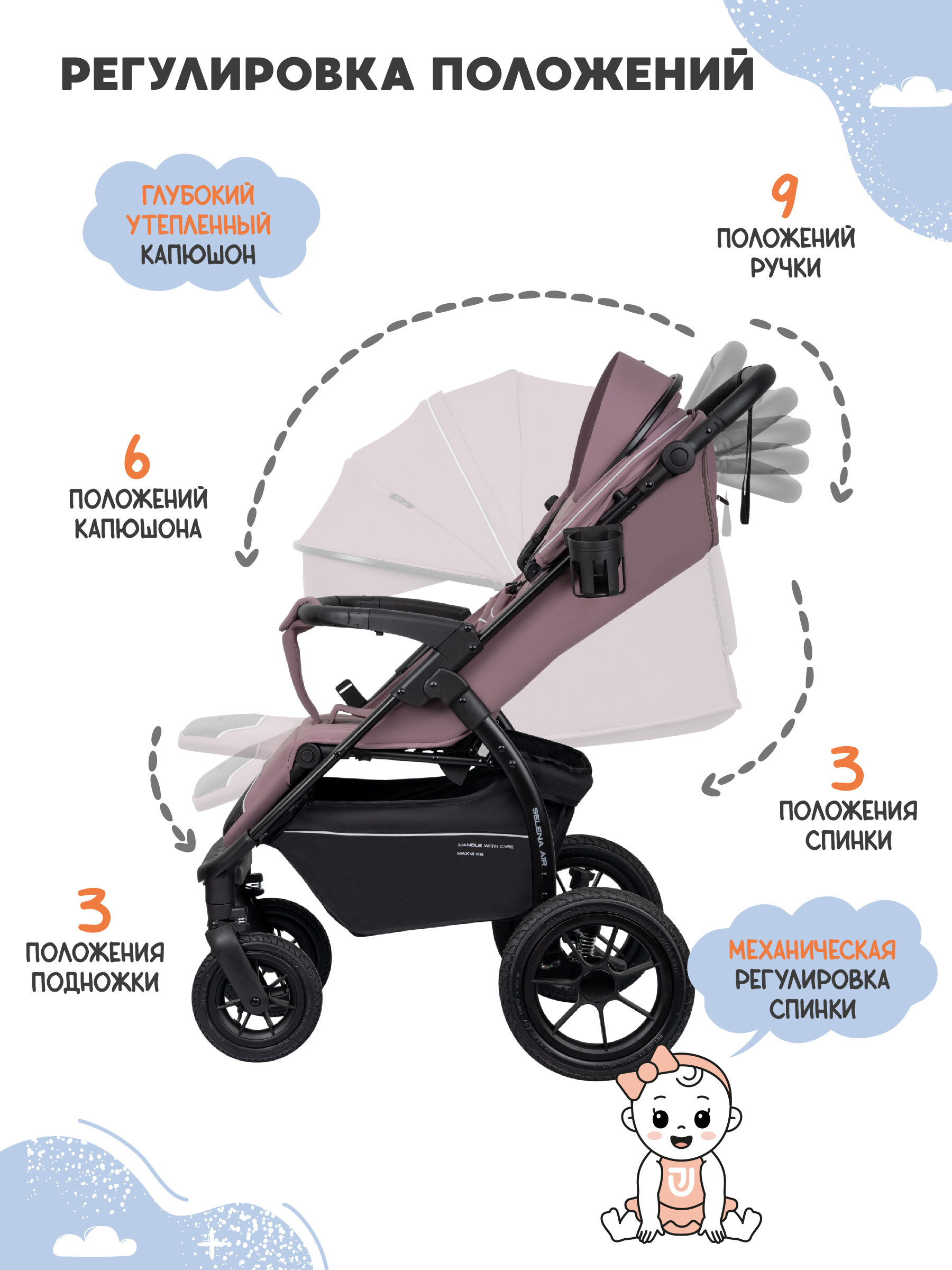 Коляска прогулочная JOVOLA Selena Air Plus розовый - фото 5