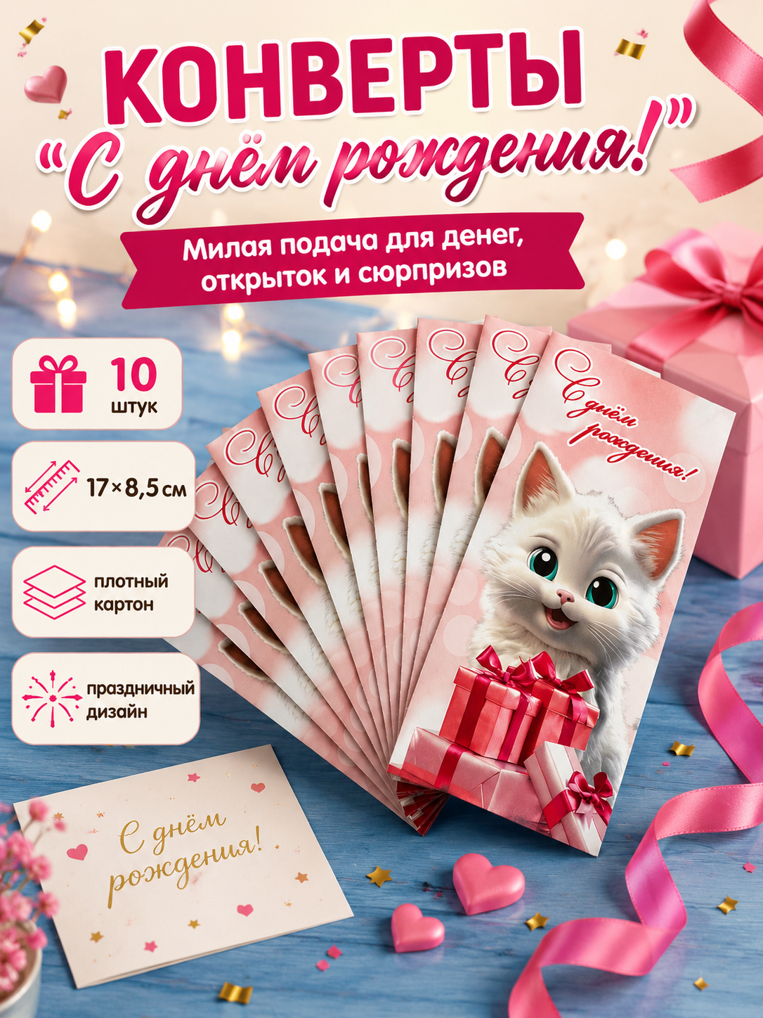 Конверты для денег детские Филькина Грамота С днём рождения, котёнок и подарки - фото 2