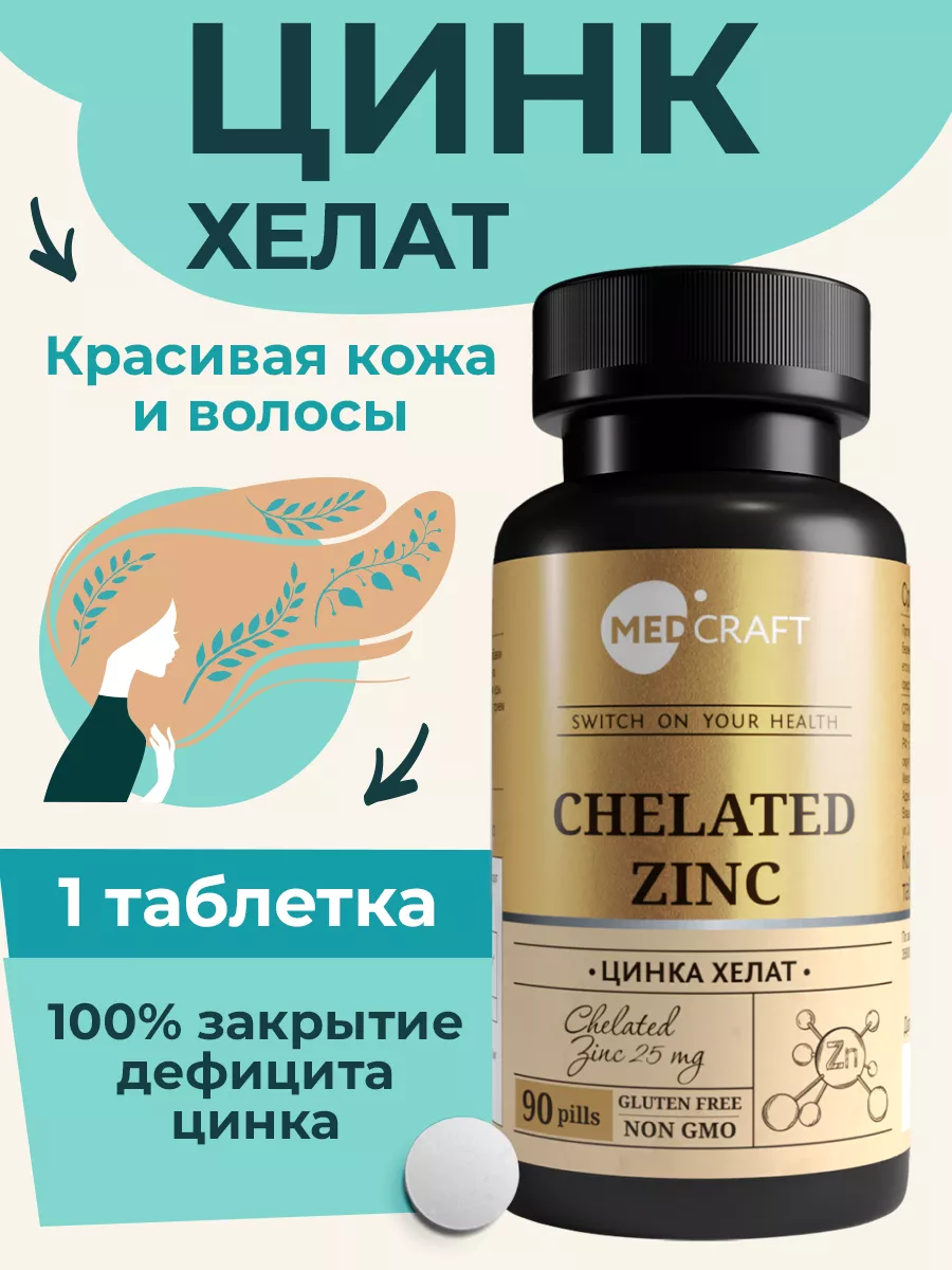 БАД MedCraft Цинк хелат таблетки 25 мг, таблетки от прыщей - фото 1