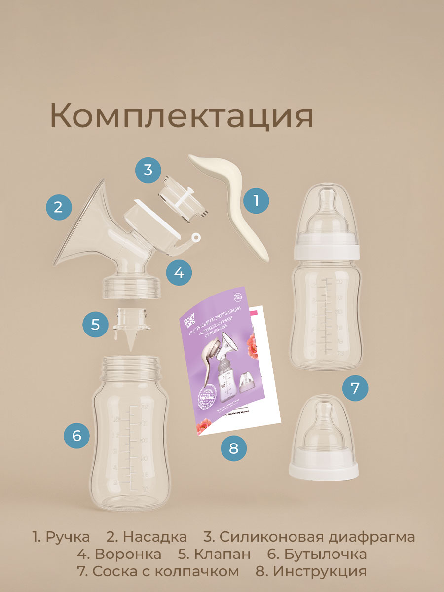 Молокоотсос ROXY-KIDS ручной механический с бутылочкой и соской цвет слоновая кость - фото 9