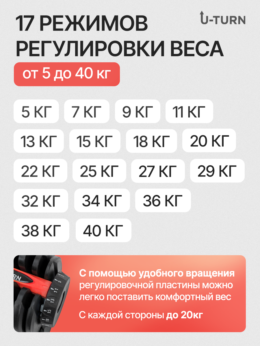 Гантель U-TURN Регулируемая красная от 5 до 40кг - фото 5