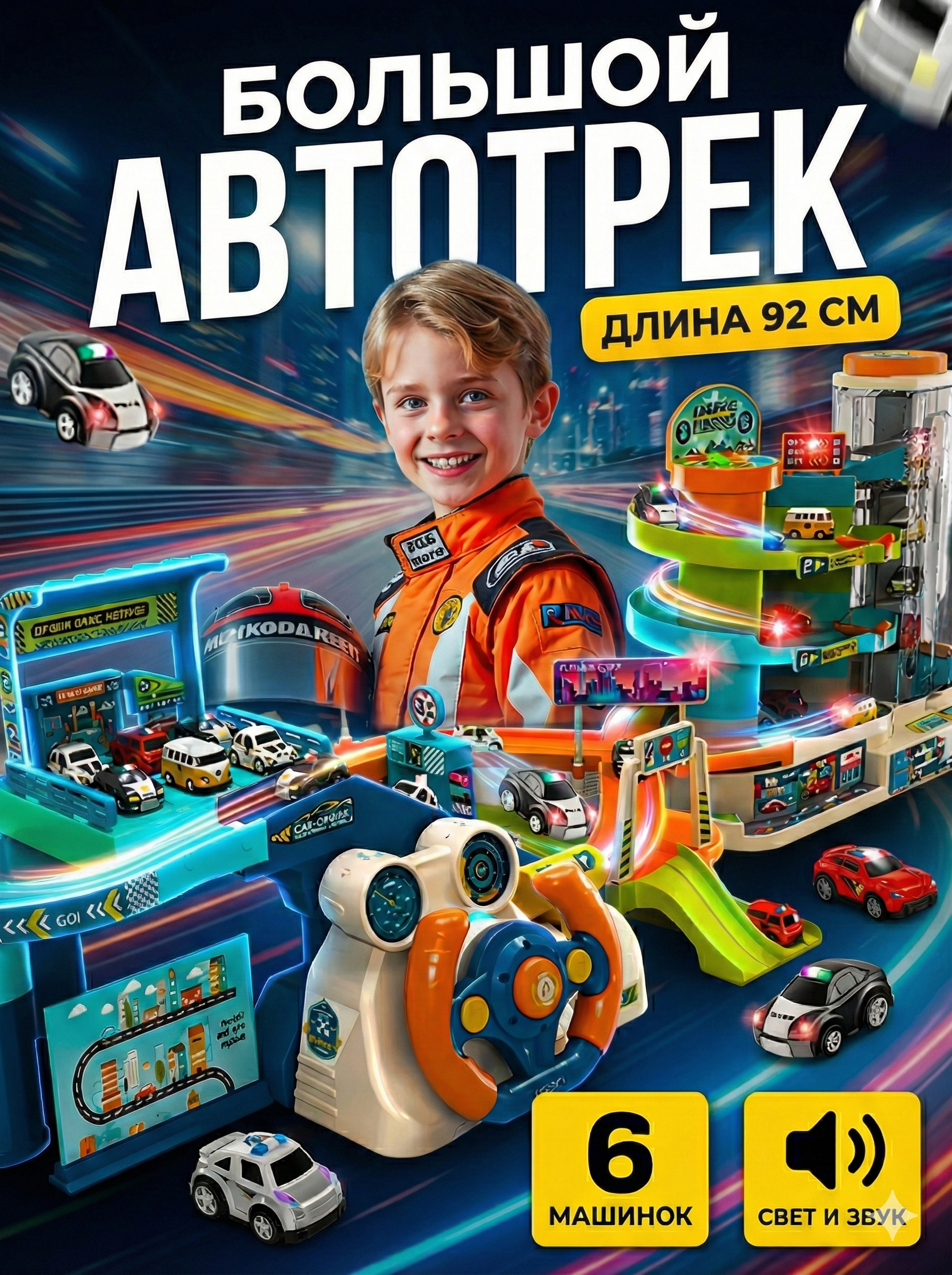 Трек SHARKTOYS с рулем свет и звук 6 машинок 26900002 - фото 1