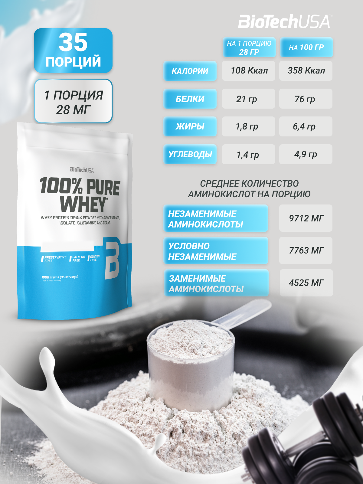 Протеин BiotechUSA 100% Pure Whey 1000 г. Клубника - фото 3