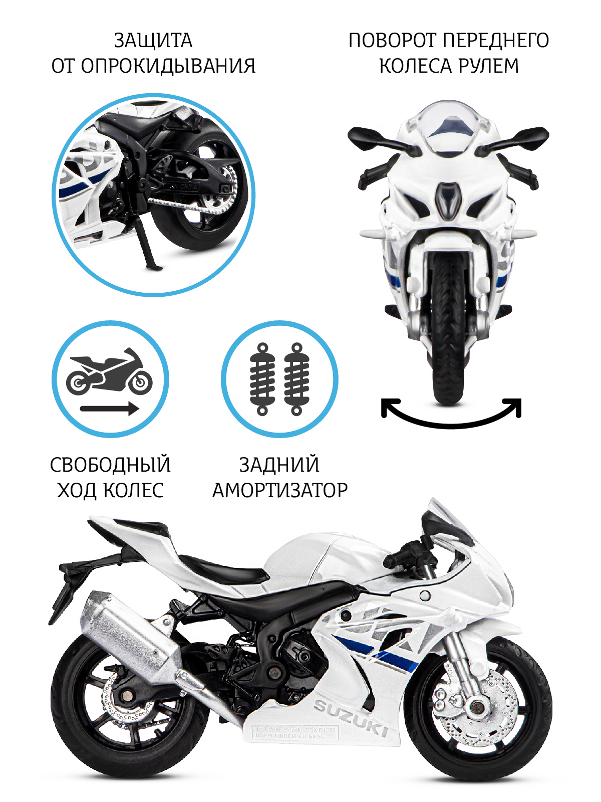 Мотоцикл АВТОпанорама Suzuki GSX R1000 1:18 JB1251600 - фото 2