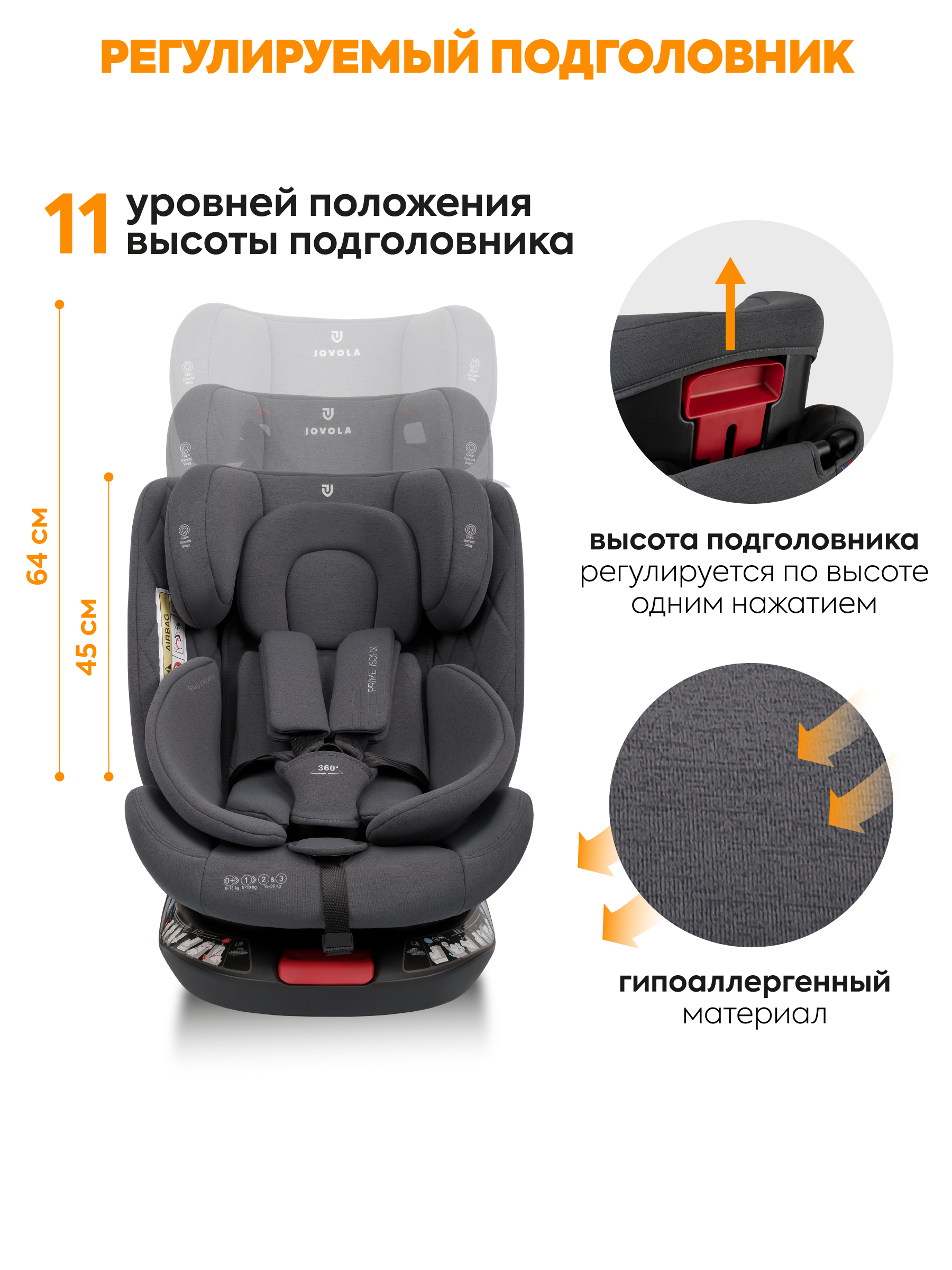 Автокресло JOVOLA Prime Isofix серый Isofix 0+/1/2/3 (0-36 кг) - фото 8