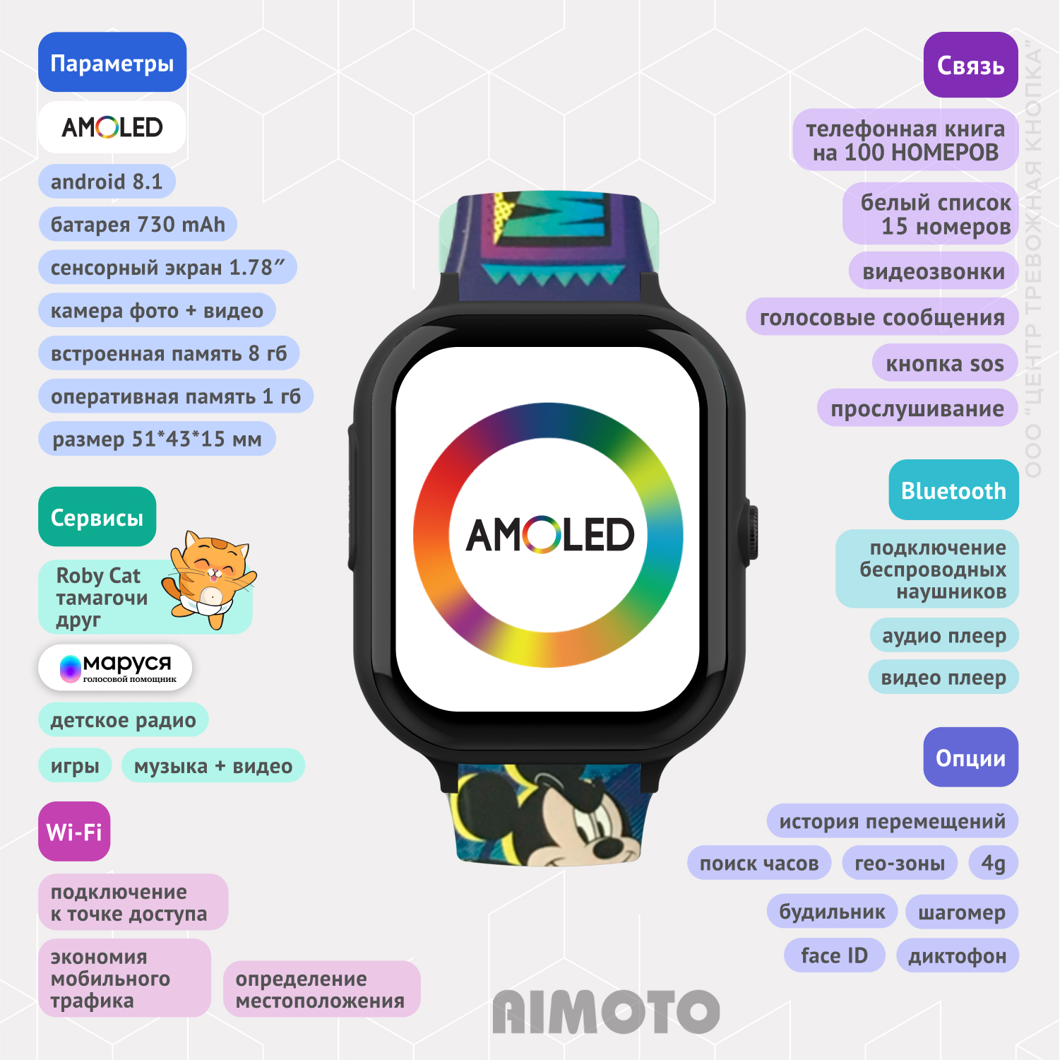 Детские смарт часы 4G + SIM-карта Aimoto Infinity (микки) Amoled 1.78 Видеомониторинг Маруся Ватсап Телеграм + GPS - фото 8