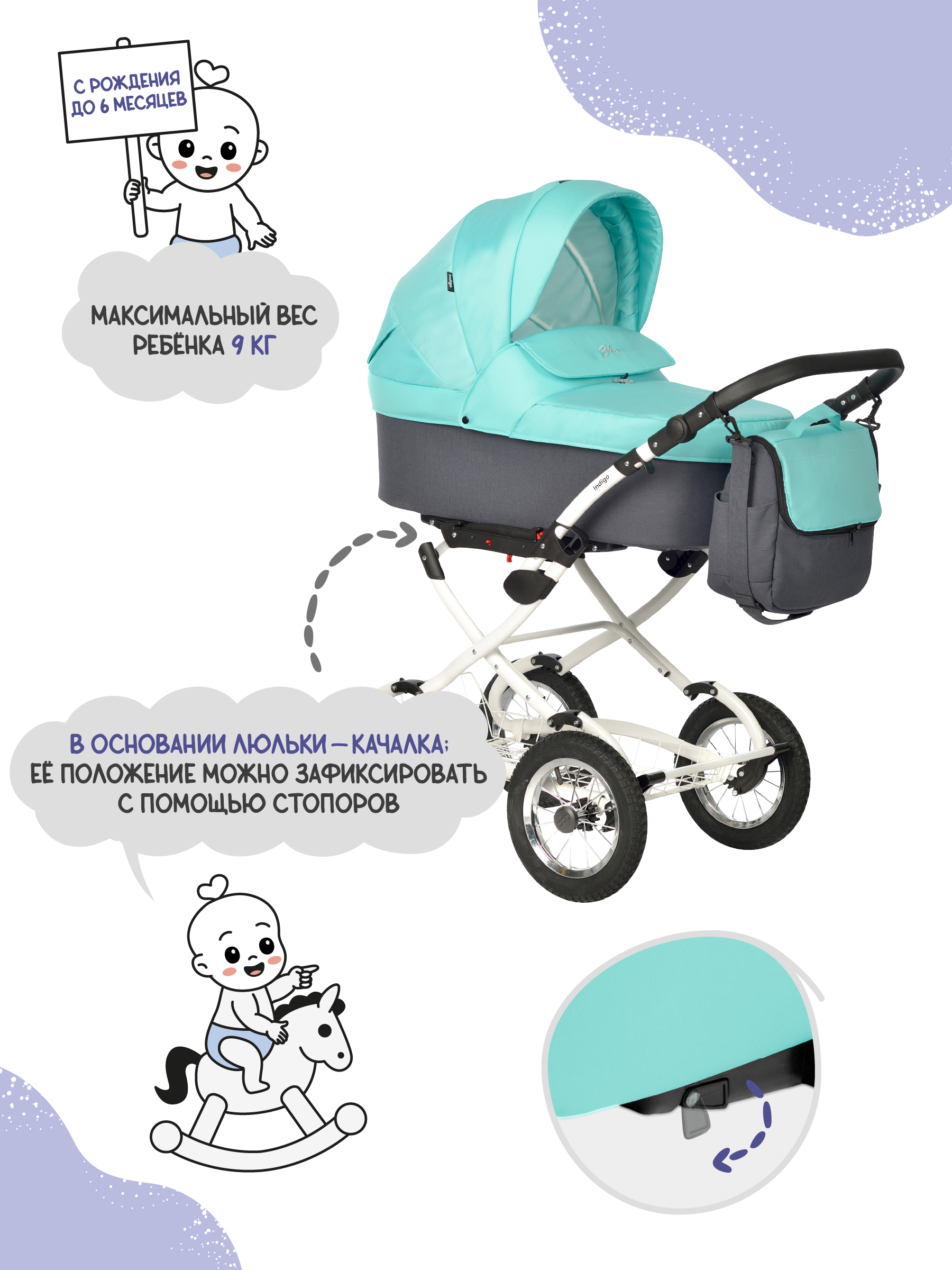 Коляска люлька Indigo Blues Classic 07 мятный - фото 3